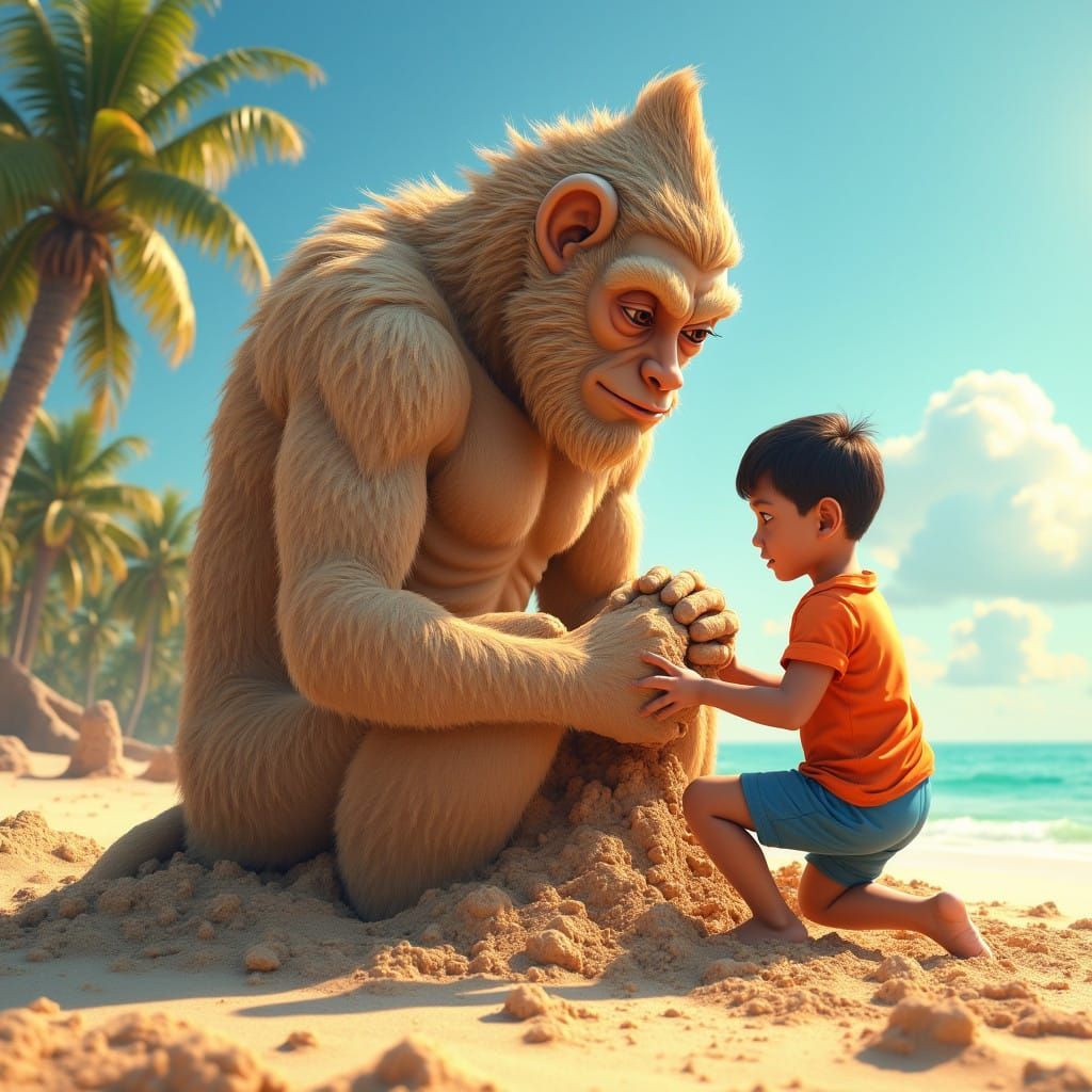 Young Boy Meets Divine Lord Hanuman on Vibrant Beach