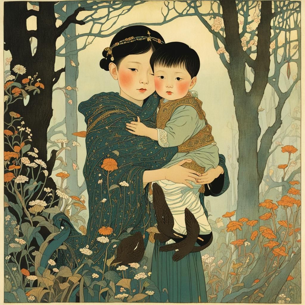 Sister Protects Brother: Expressive Golden Age Illustration