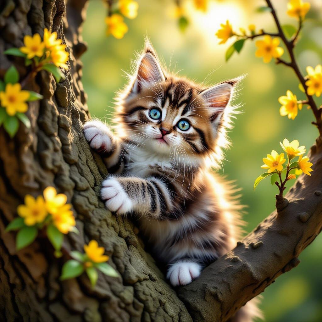 Fluffy Kitten Ascends Blossom Tree in Ethereal Light