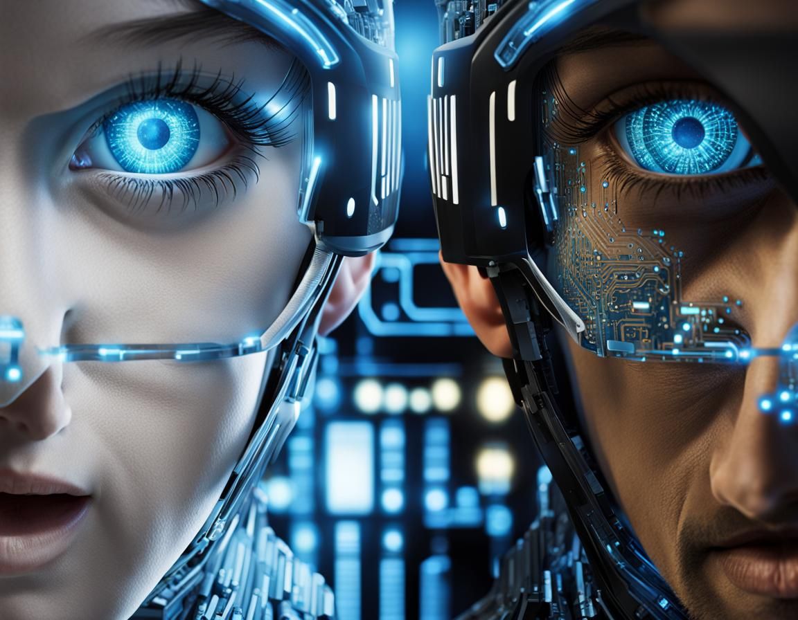 Cybernetic Human Portrait with Glowing Eyes