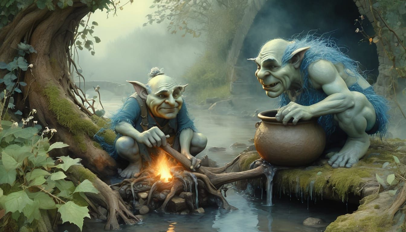 Ogre and Troll Brew Under Bridge in Watercolor