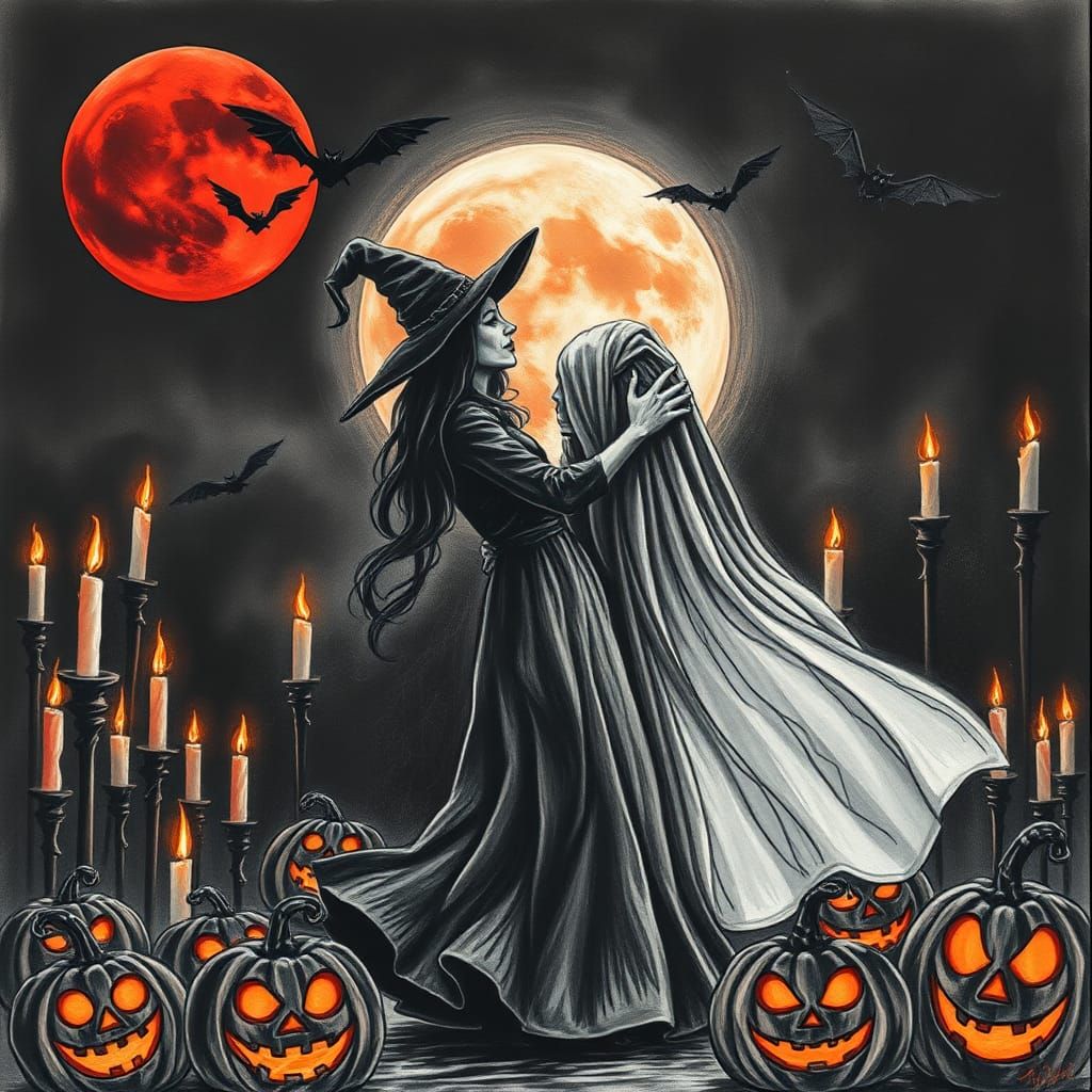 Witch and Ghost Dance: A Halloween Night Charcoal Drawing