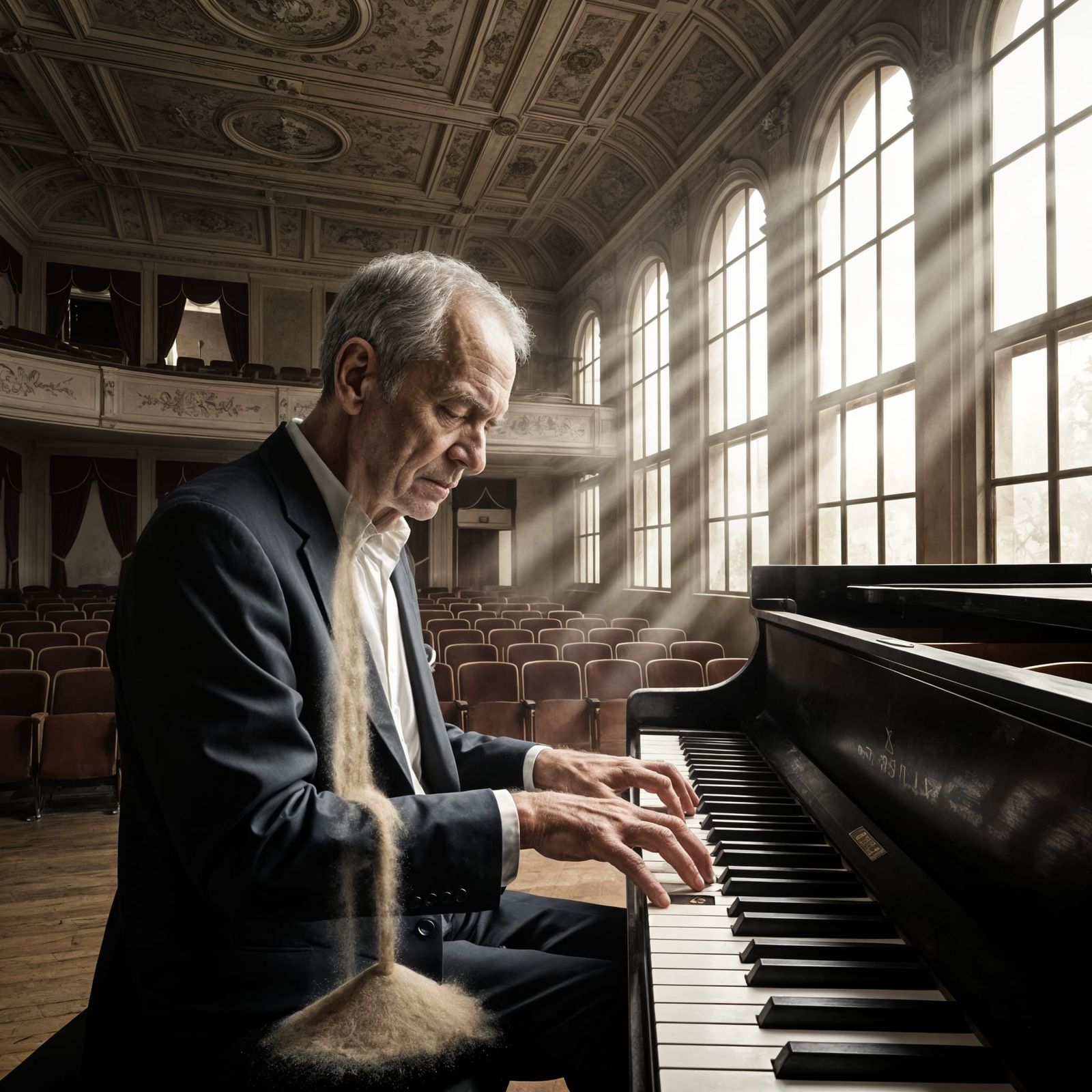 Pianist's Hands Dissolve into Sand in Abandoned Hall