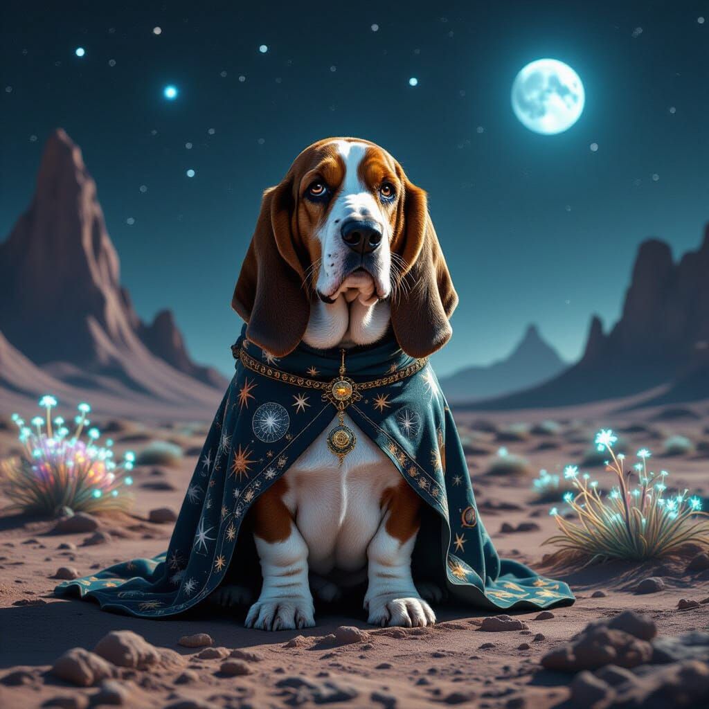 Cosmic Basset Hound on Alien Planet in Regal Cloak