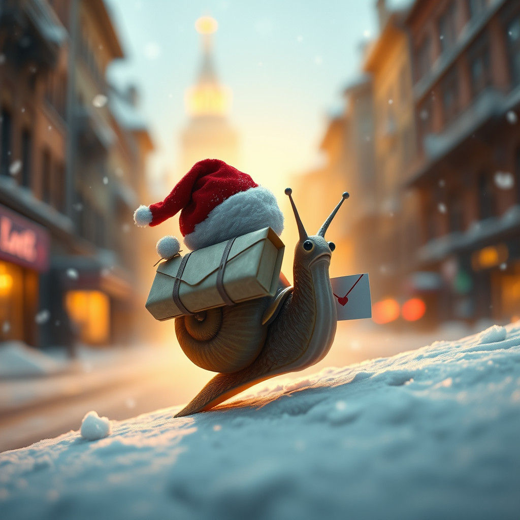 Snail Postman in Winter Cityscape