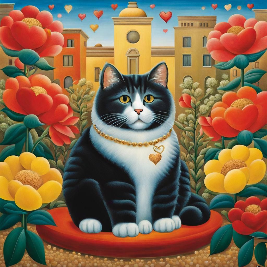 Cat Surrounded by Flowers in Figurative Style