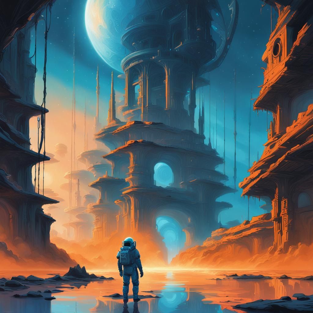 Dystopian Astronaut at Mystical Lake in Sci-Fi Ruins