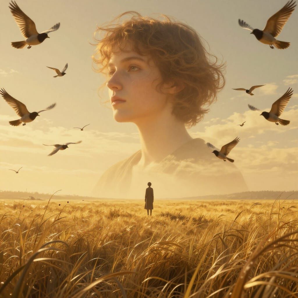 Surreal Field of Frozen Time with Lone Character