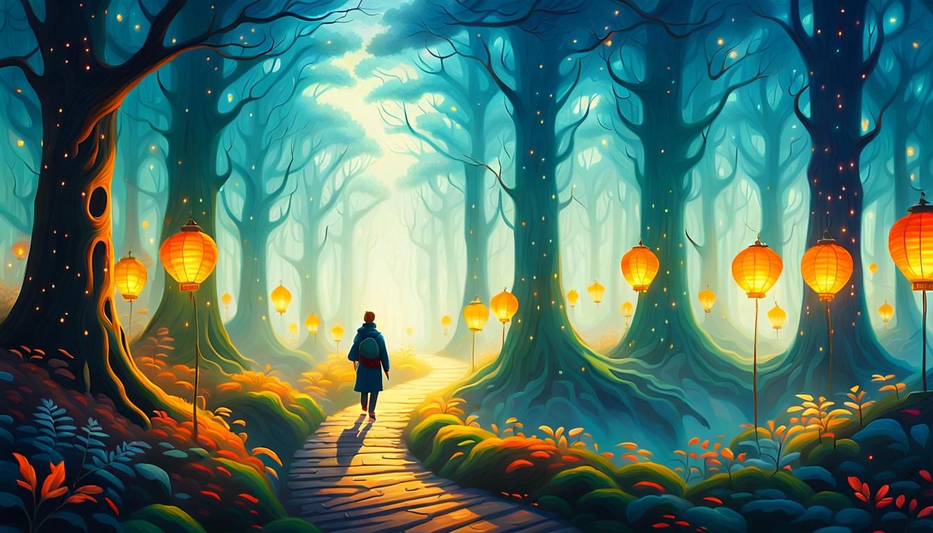 Mystical Forest Landscape Painting with Traveler
