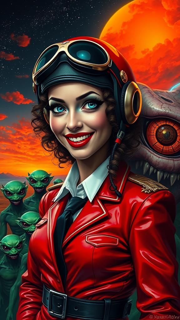 Sinister Woman in Glossy Red Helmet, Surreal Digital Art