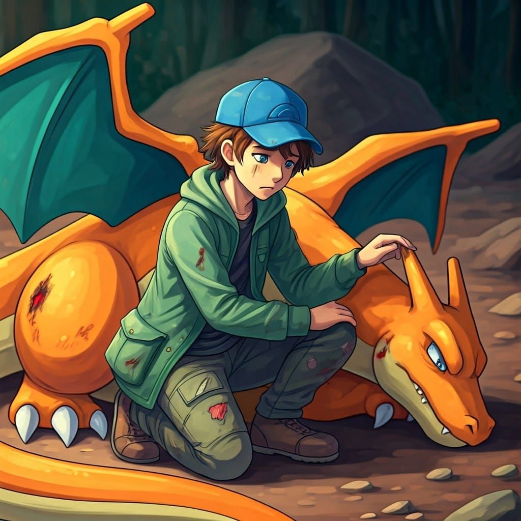 Worried Trainer with Injured Charizard: Anime Style