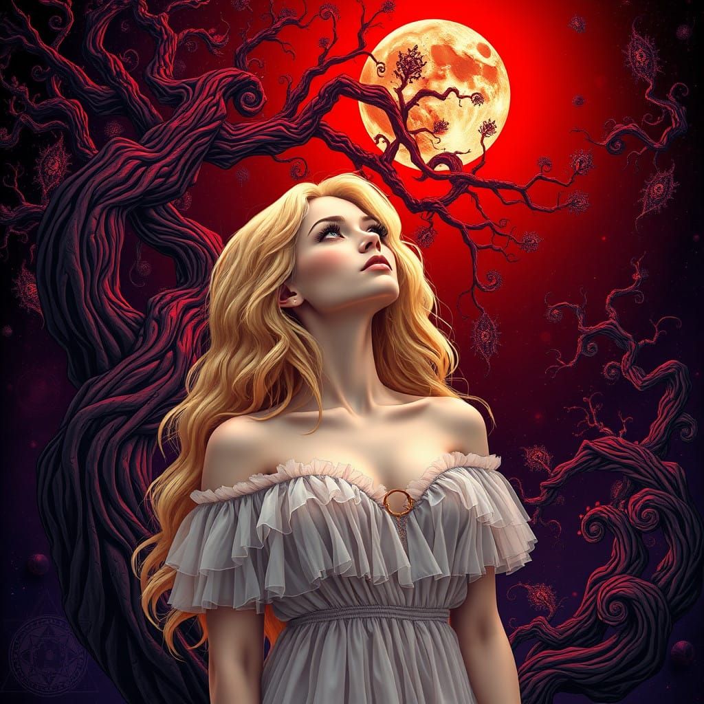 Goddess Under Blood Pine, Full Red Moonlit Night