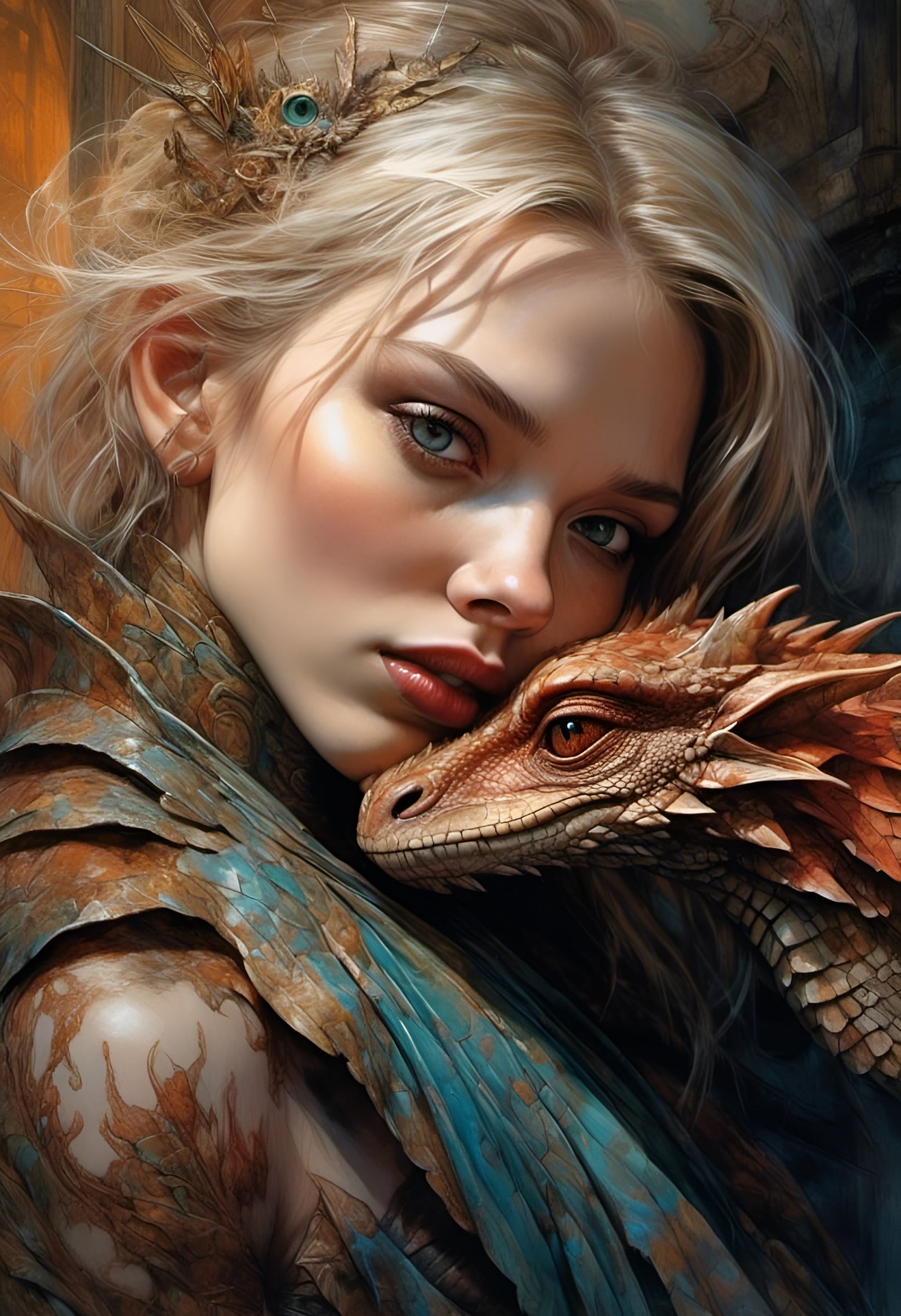 Woman and Dragon Hatchling Portrait in Dreamlike Fantasy Sty...