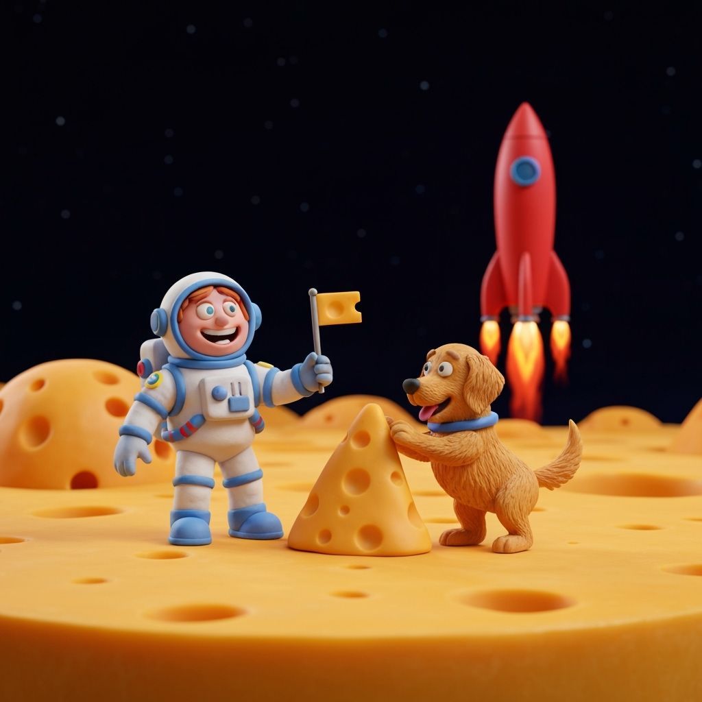 Playful Claymation Astronaut and Dog on Cheese Moon