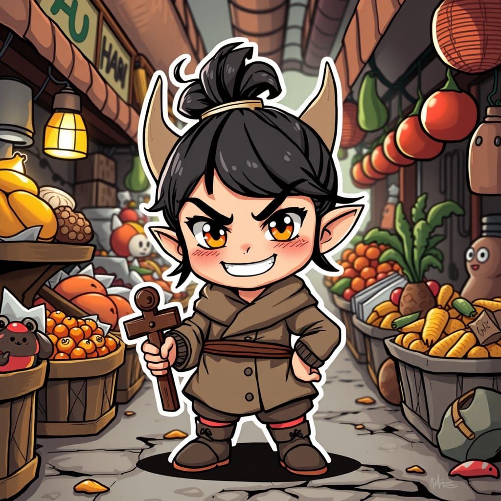 Chibi Furi in Whimsical Market Scene with Mutated Foods