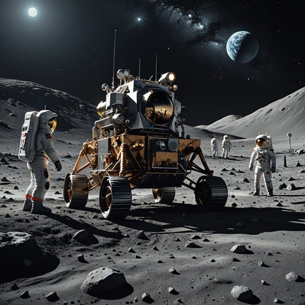 Astronauts Plant Flag on Moon in Sci-Fi Illustration
