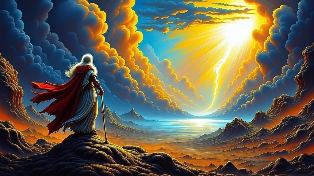 Clash of Gods in Divine Realm, High-Contrast Art