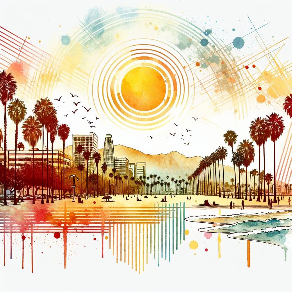 California Sunset Dreamscape in Abstract Art Style