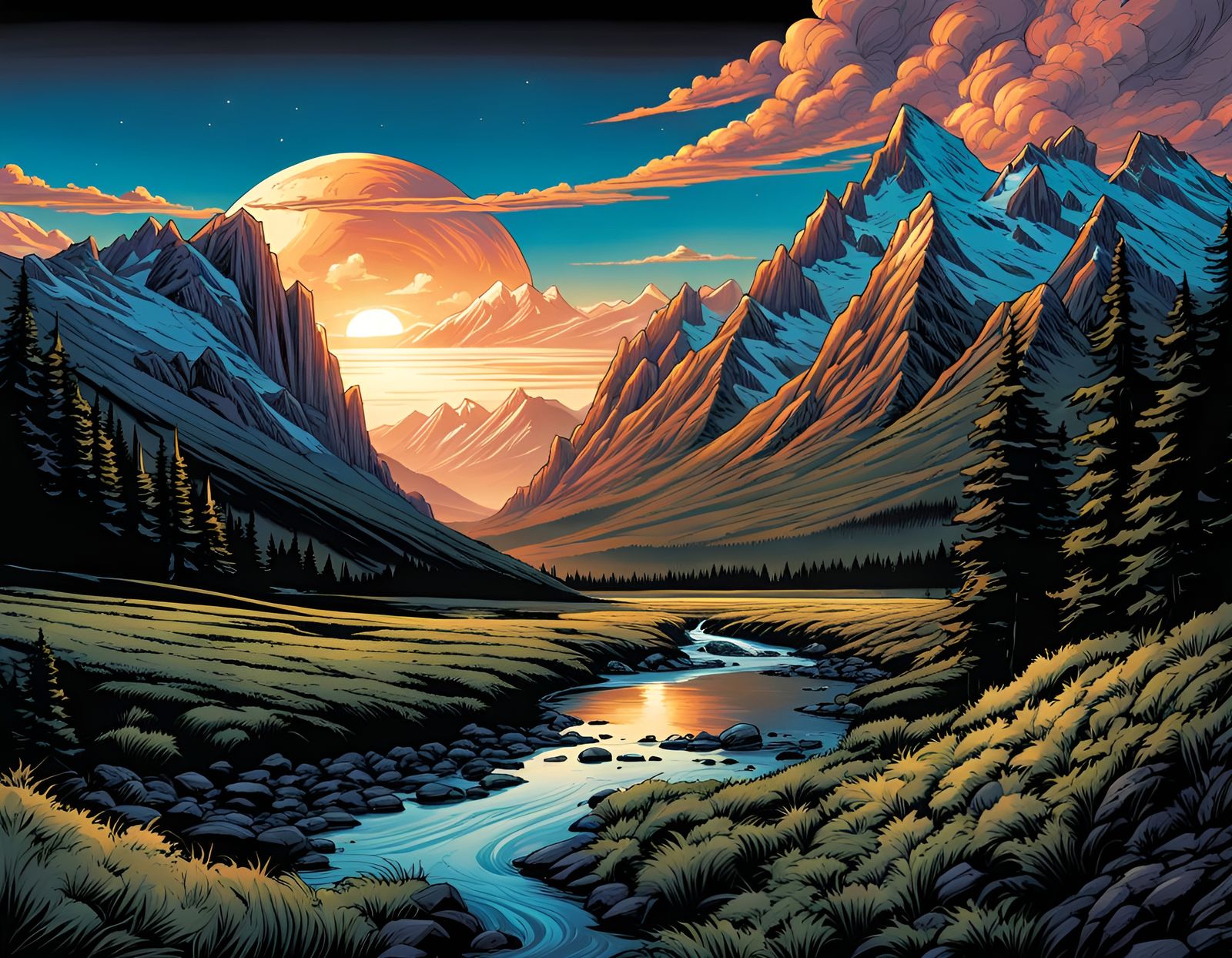 Mountain Landscape in Comic Book Art Style