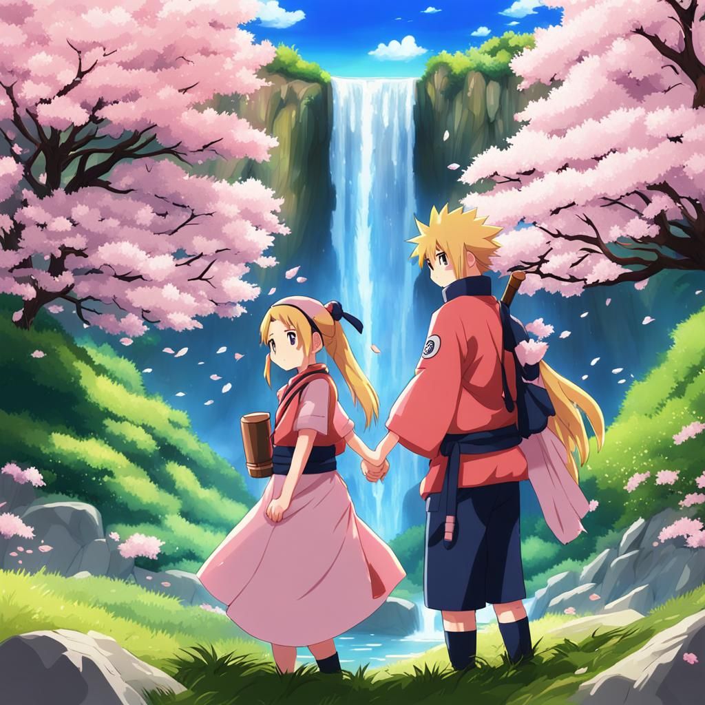Anime Couple Cuddling Under Sakura Waterfall