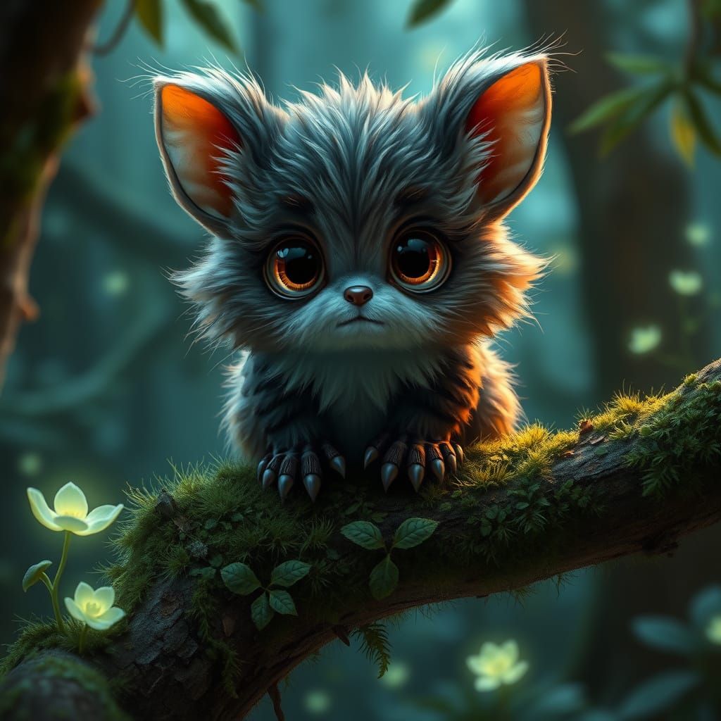 Cute Fluffy Creature on Mossy Branch in Enchanted Forest