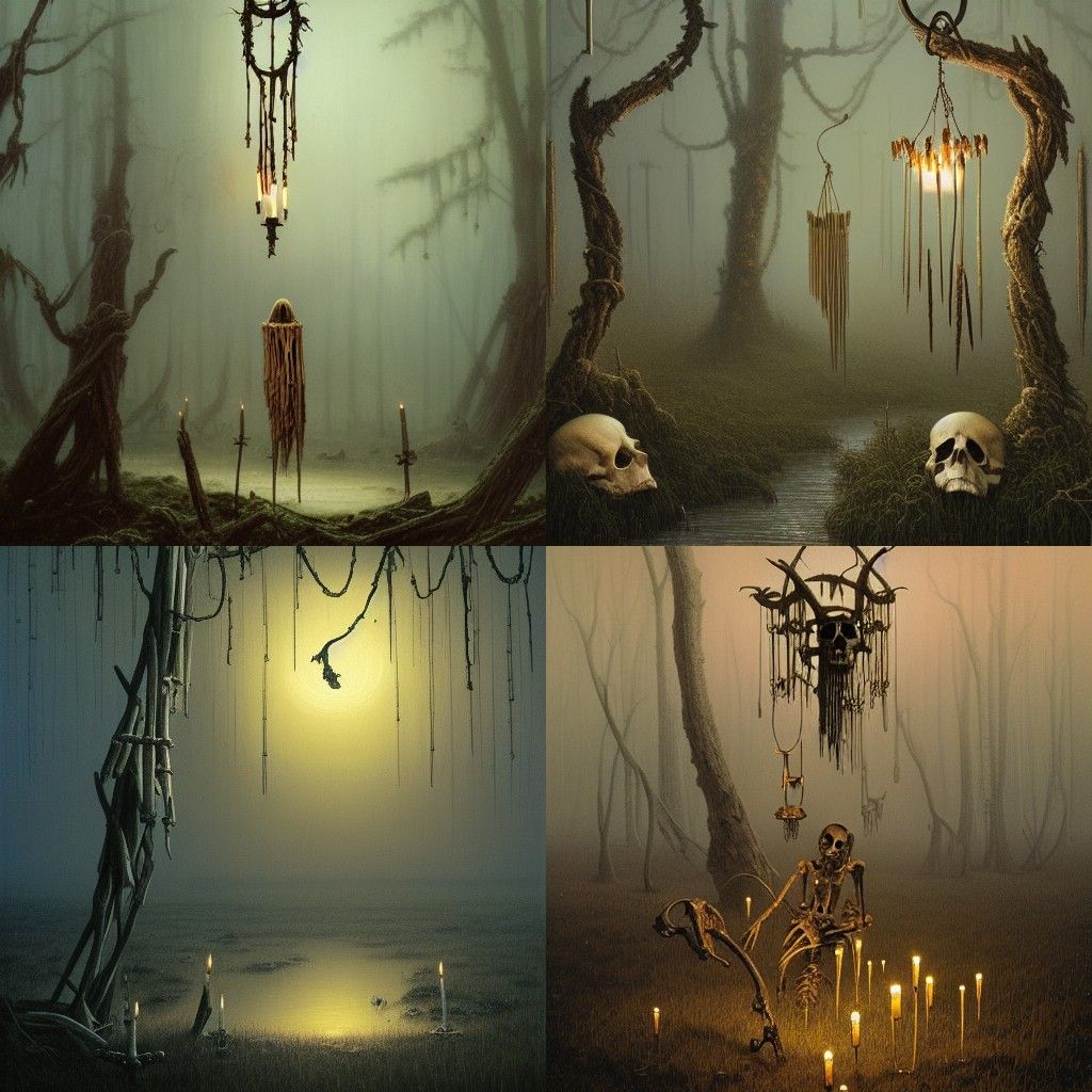 Ominous Bone Windchime in Swamp at Golden Hour