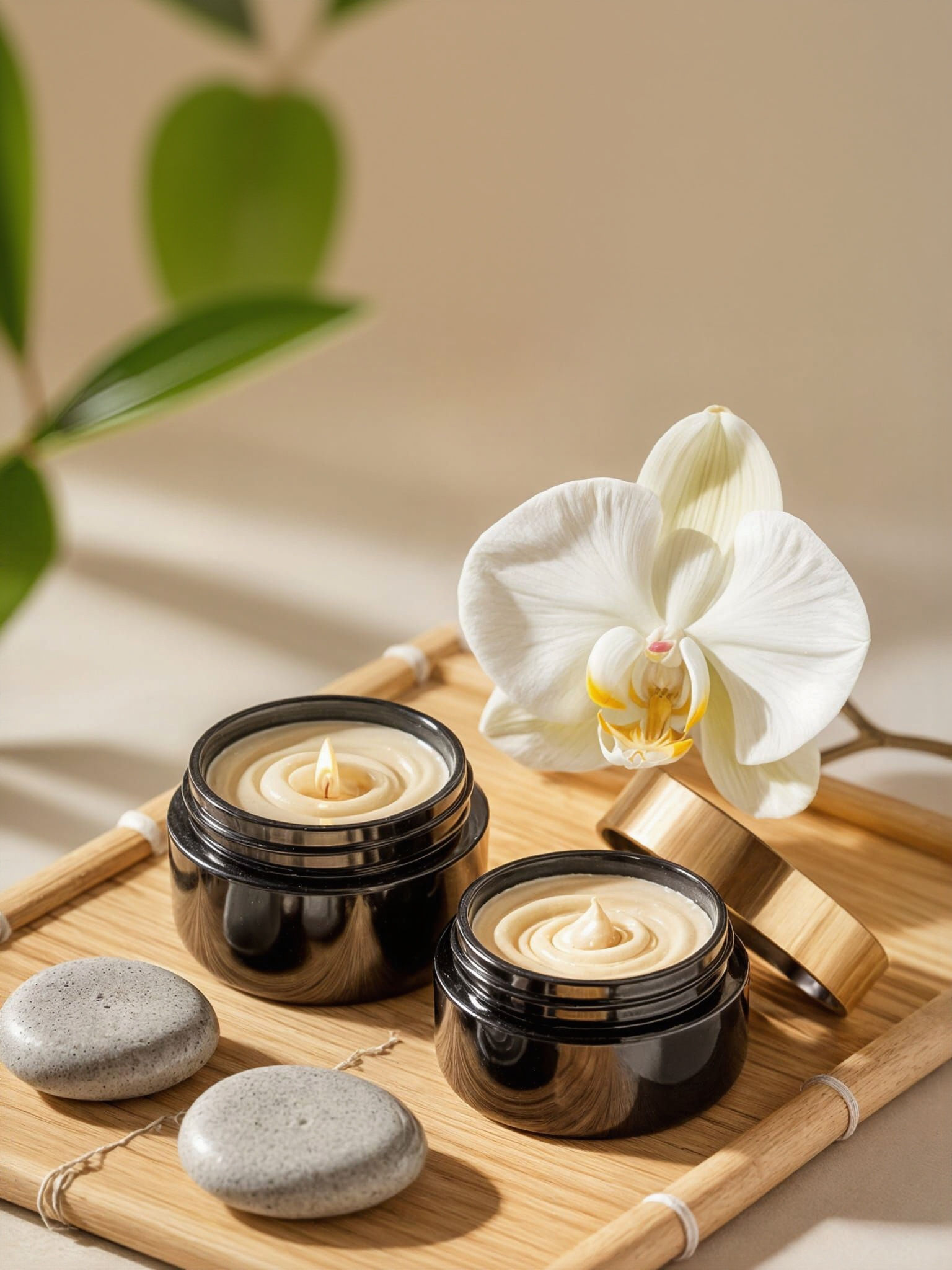 Luxurious Cream Jars with Orchid and Stones