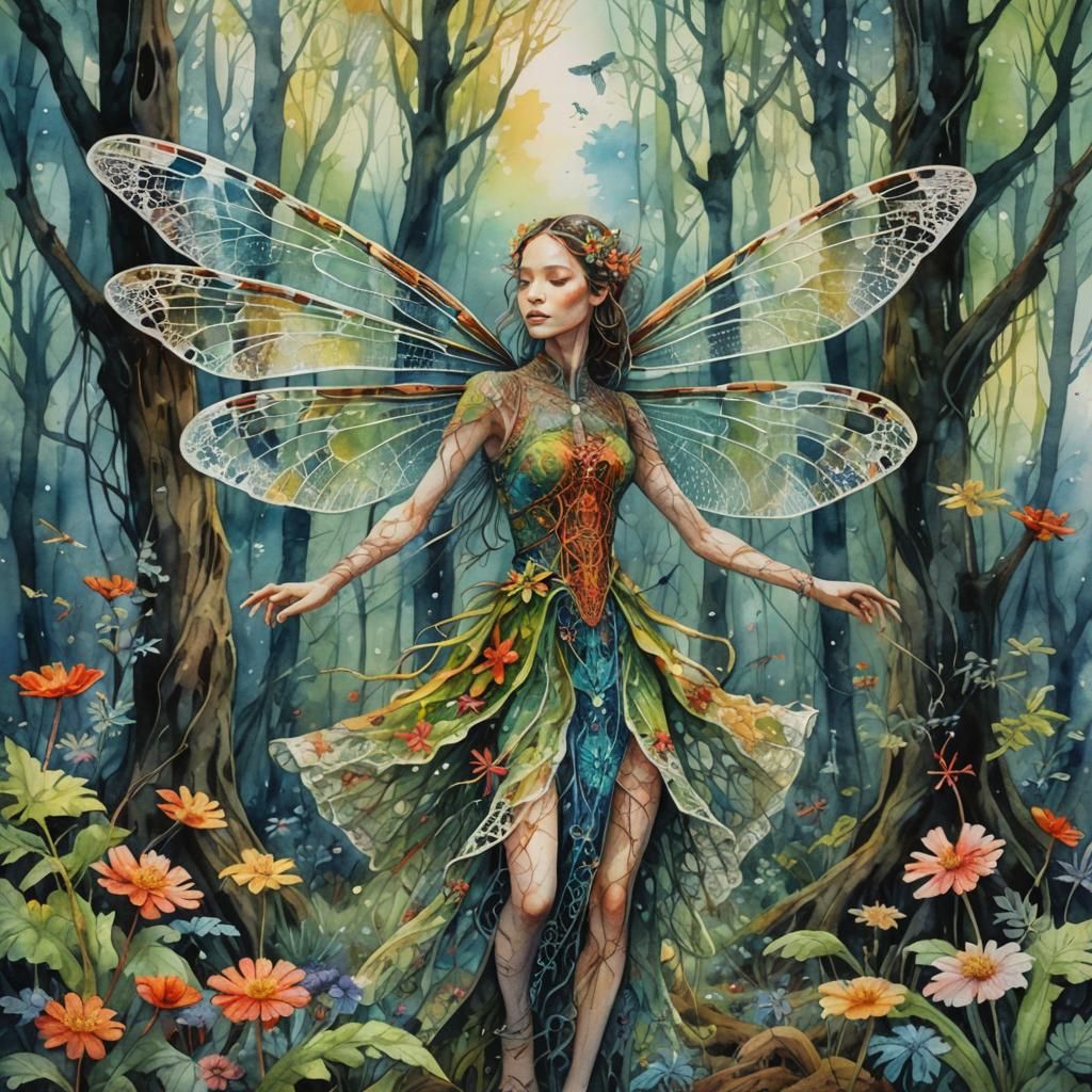Dragonfly-Human Hybrid Dancing in a Forest, Watercolor