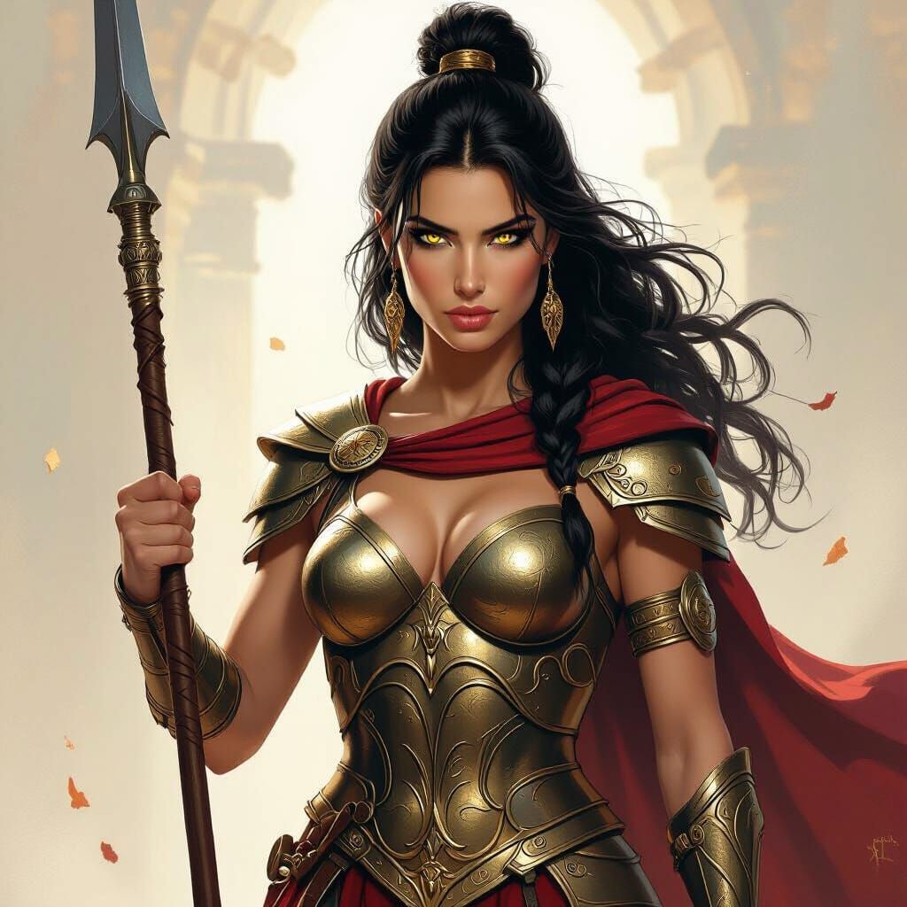 Proud Spartan Princess Warrior with Gold Eyes in Epic Fantas...