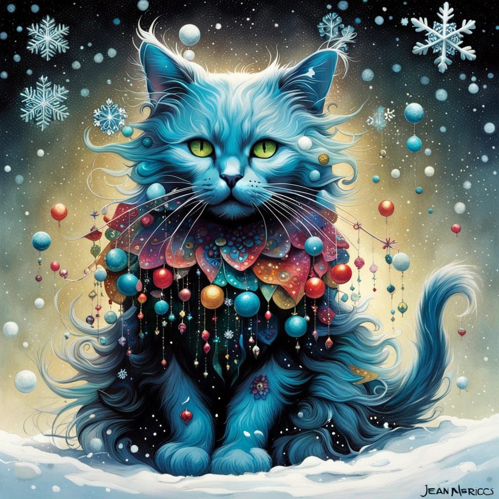 Molecular Cat with Snowflakes, Whimsical Art