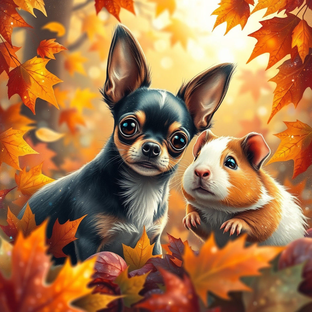 Chihuahua and Guinea Pig in Impressionist Autumn
