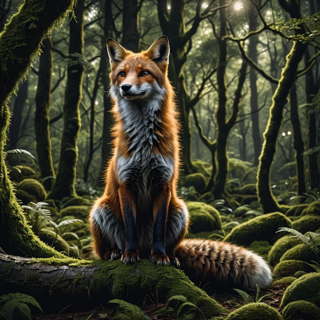 Hyperrealistic Fox in a Mossy Forest at Night