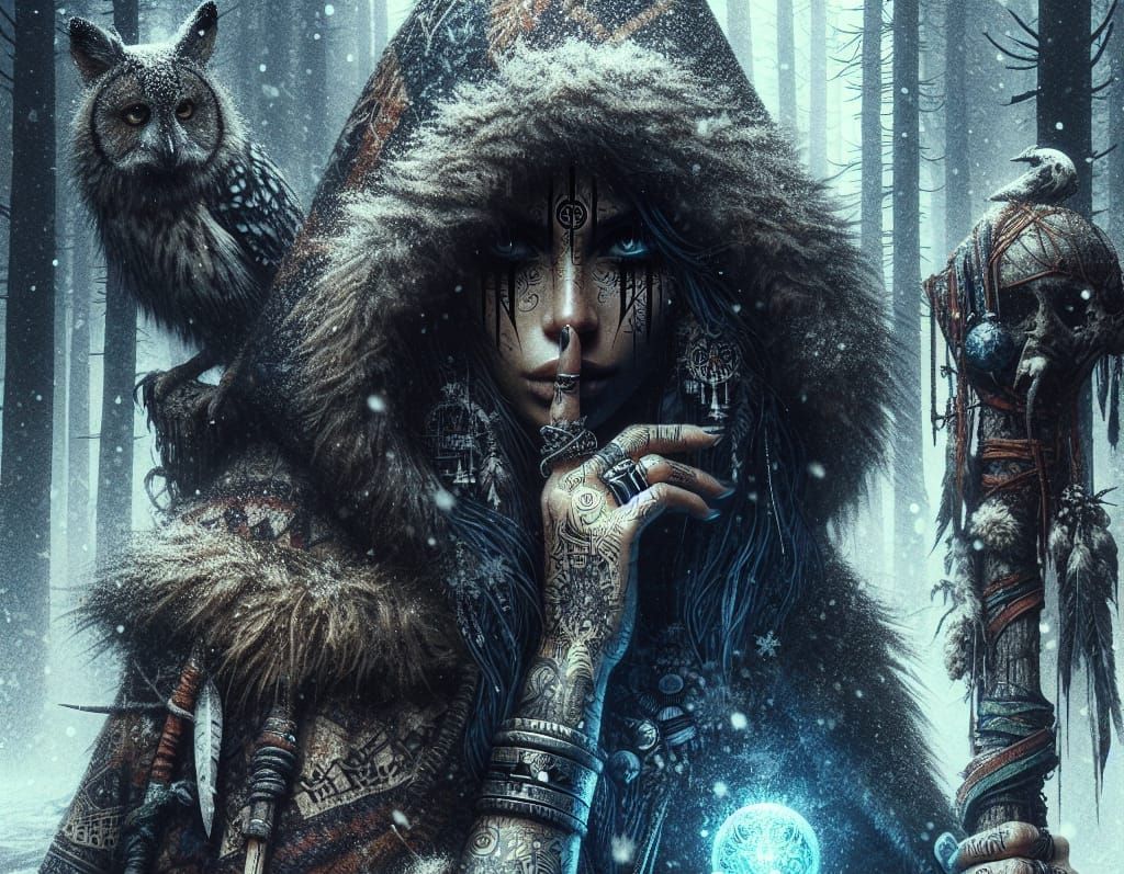 Mysterious Latina Shaman in Dark Forest