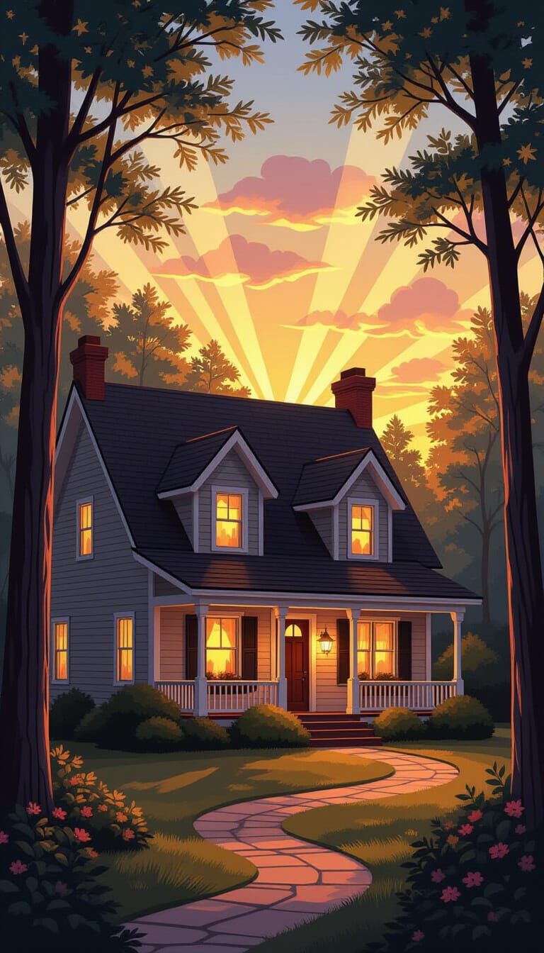 Peaceful Home at Sunset With Ethereal Light Rays