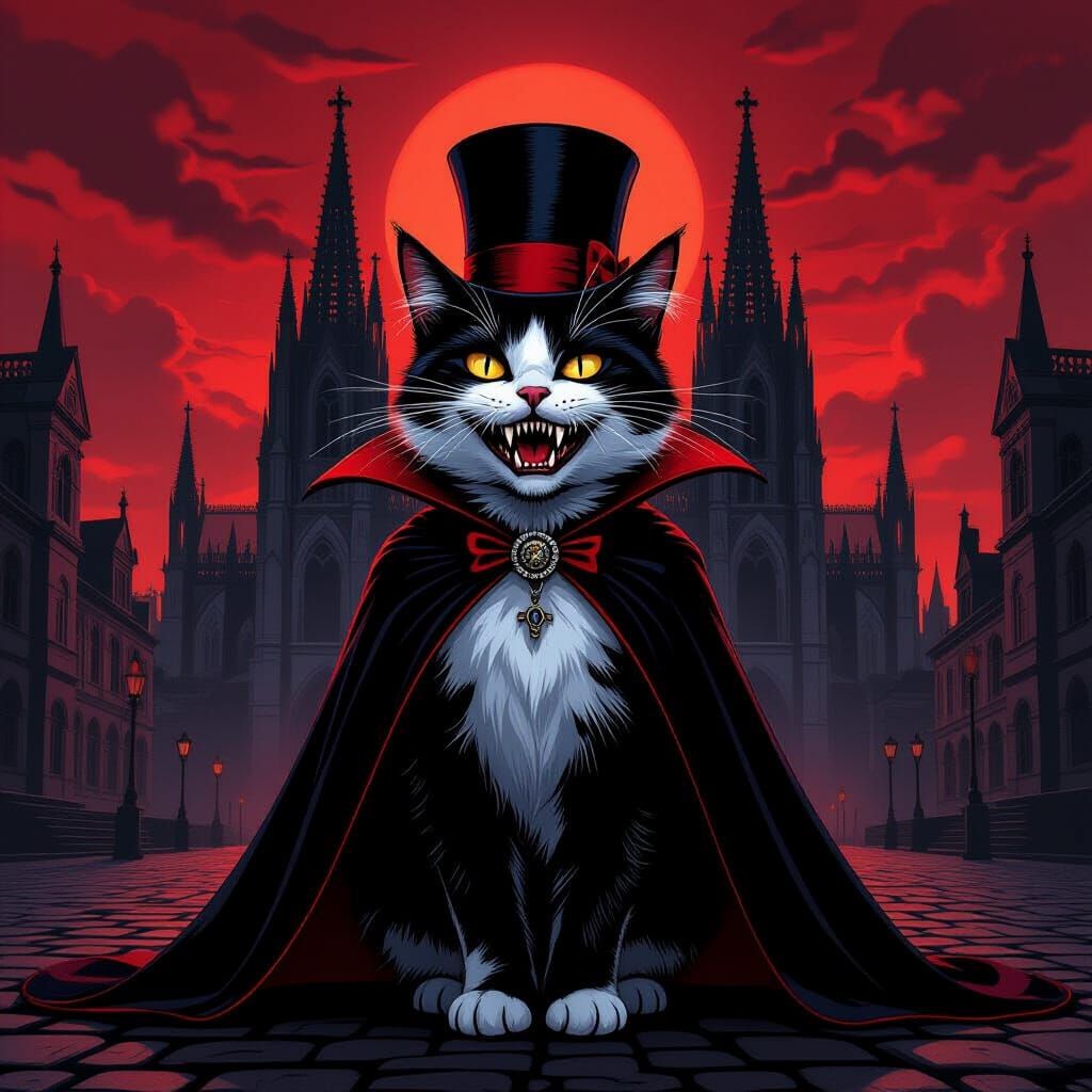 Piebald Vampire Cat in Gothic Cathedral Plaza