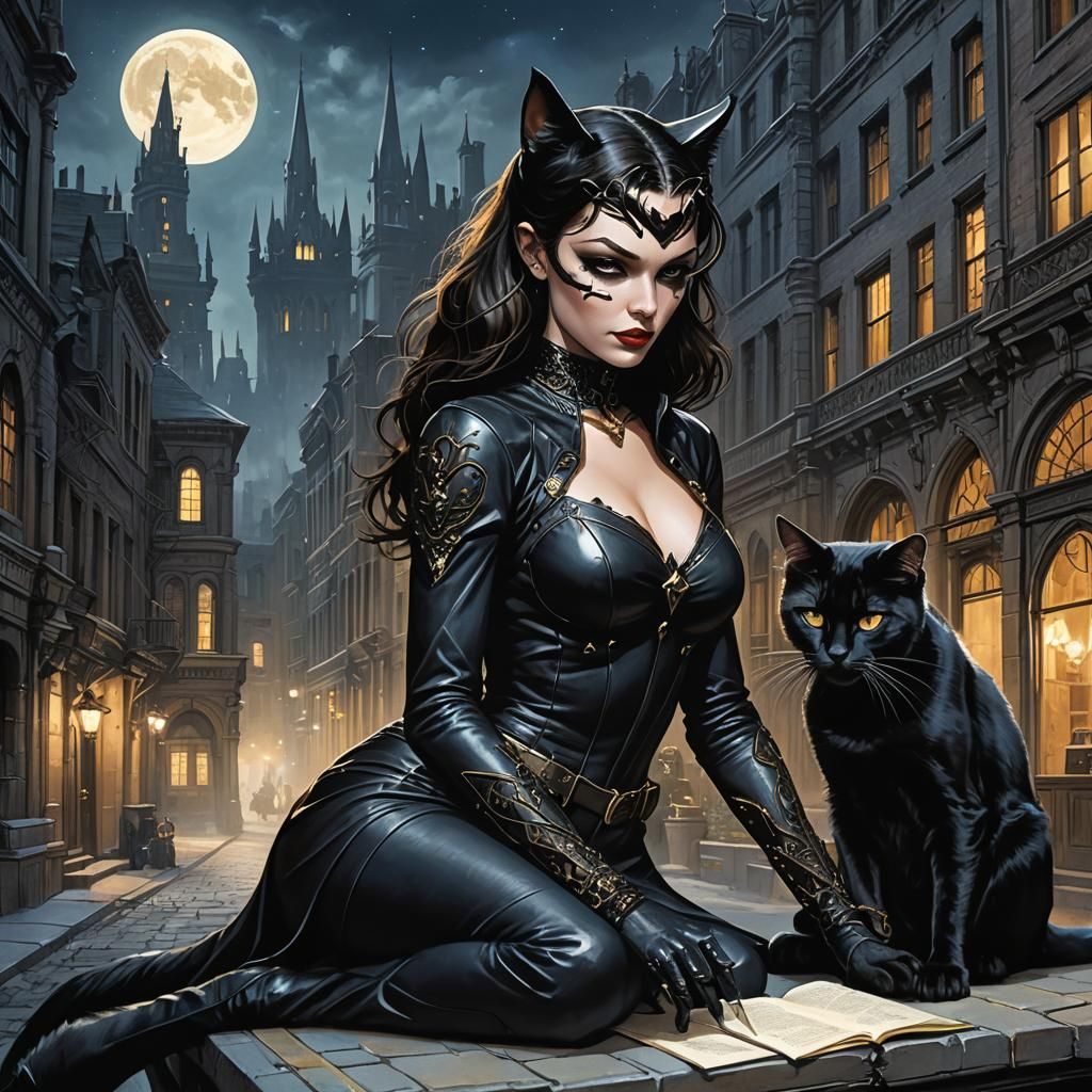 Catwoman Planning Heist in Gotham, Renaissance-Gothic Style