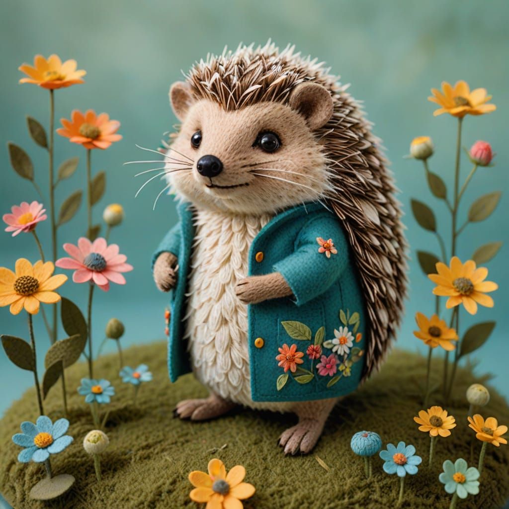 Felt Hedgehog with Embroidered Details in Folk-Art Style
