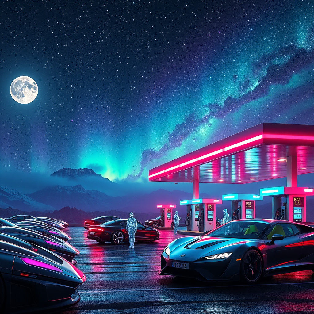 Intergalactic Gas Station with Neon Lights in Sci-Fi Style