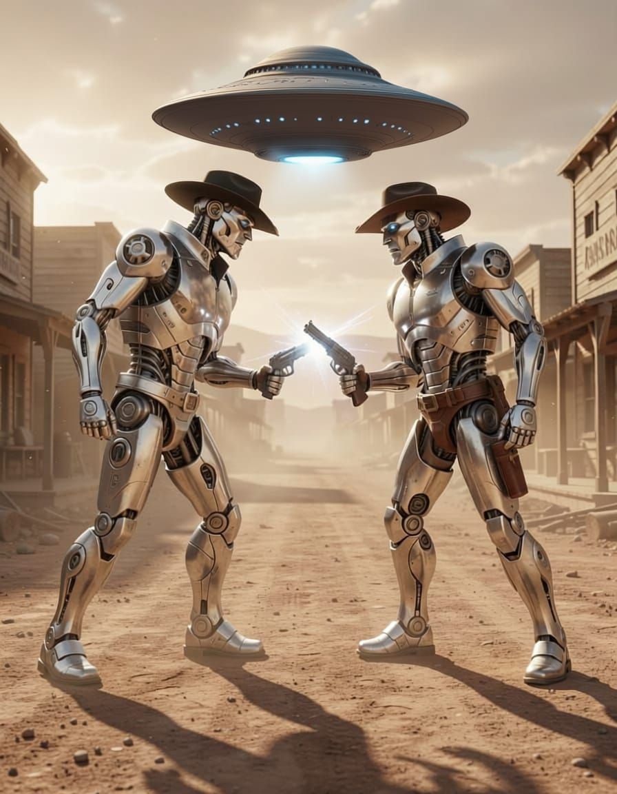 Robot Cowboys Duel in Sci-Fi Western Town