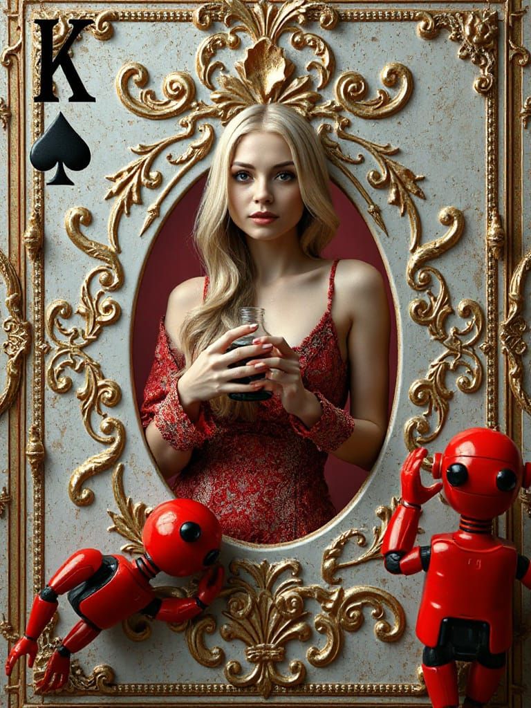 3D Woman Emerges From Playing Card With Robots