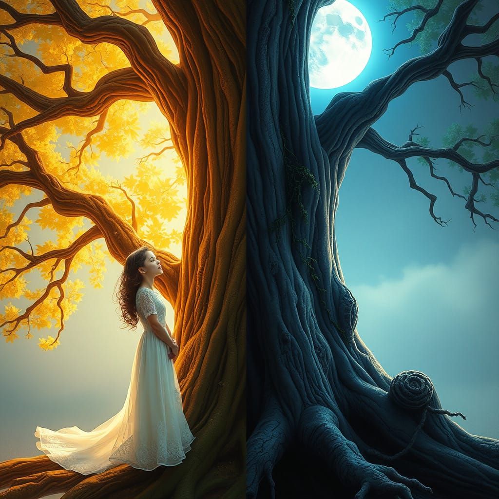 Girl at Tree Fork in Golden Sunlight and Blue Moonlight