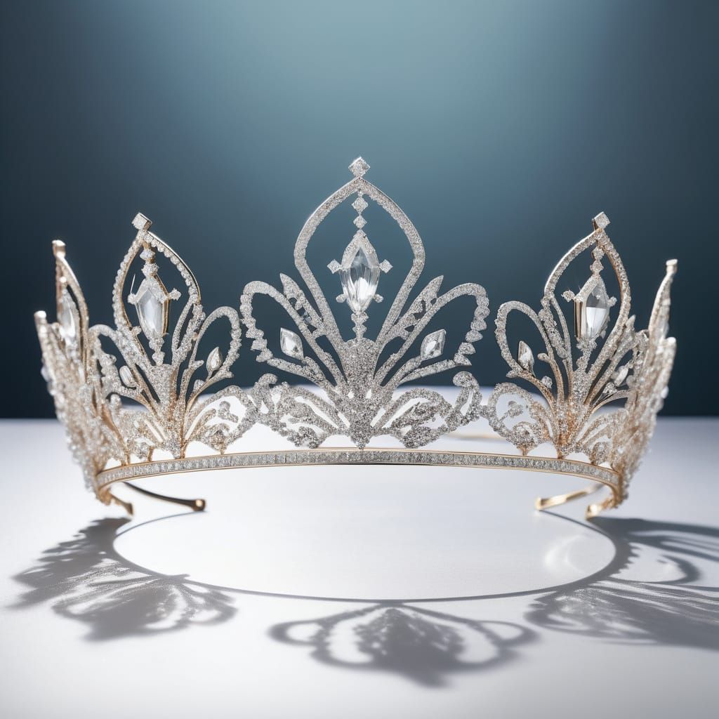Elegant Geometric Tiara in Polished White Gold and Crystals