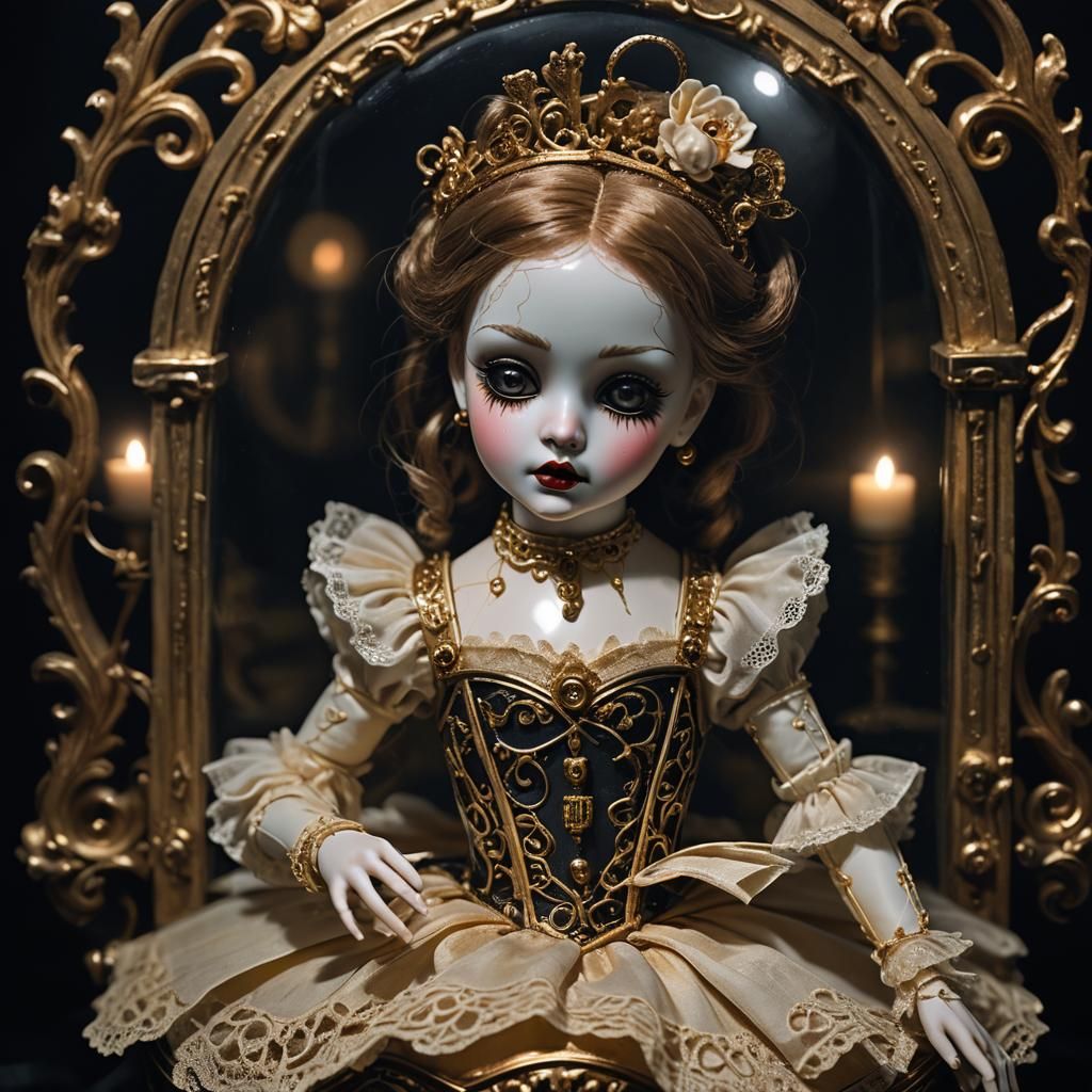 Sinister Doll on Music Box in Dark Fantasy Style
