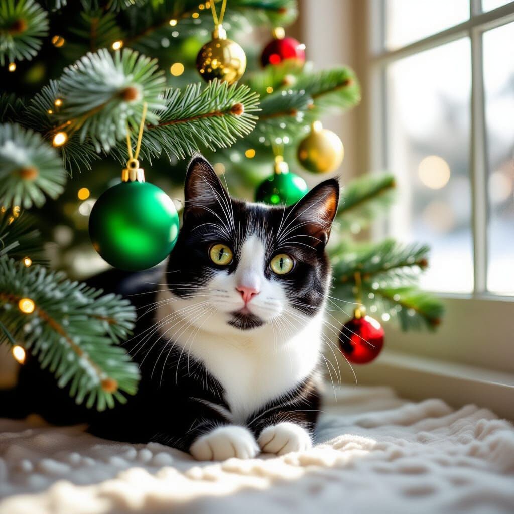 Tuxedo Cat Plays with Christmas Ornament