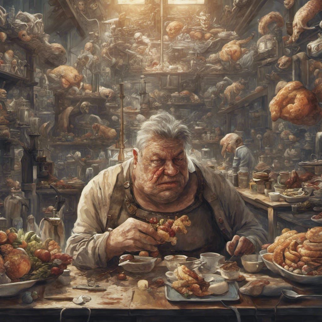 Grotesque Feast in Dystopian Sci-Fi City