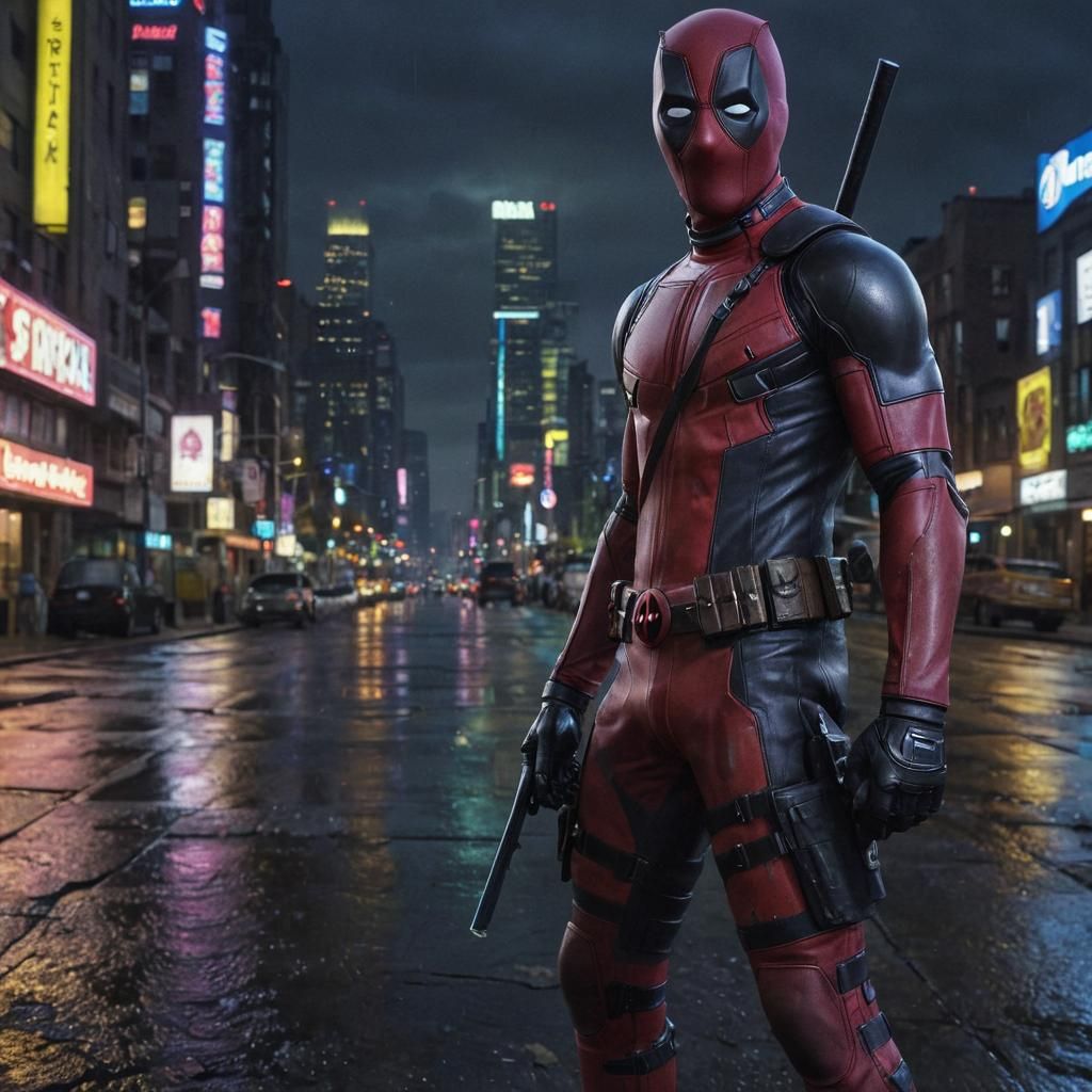 Deadpool in Neon-Lit Cityscape, Comic Book Style