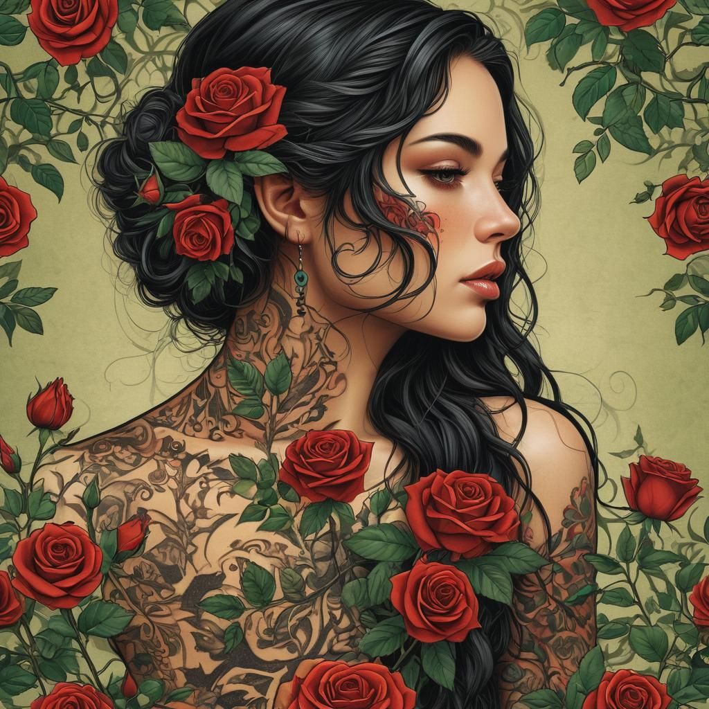 Mythical Woman with Rose Tattoos