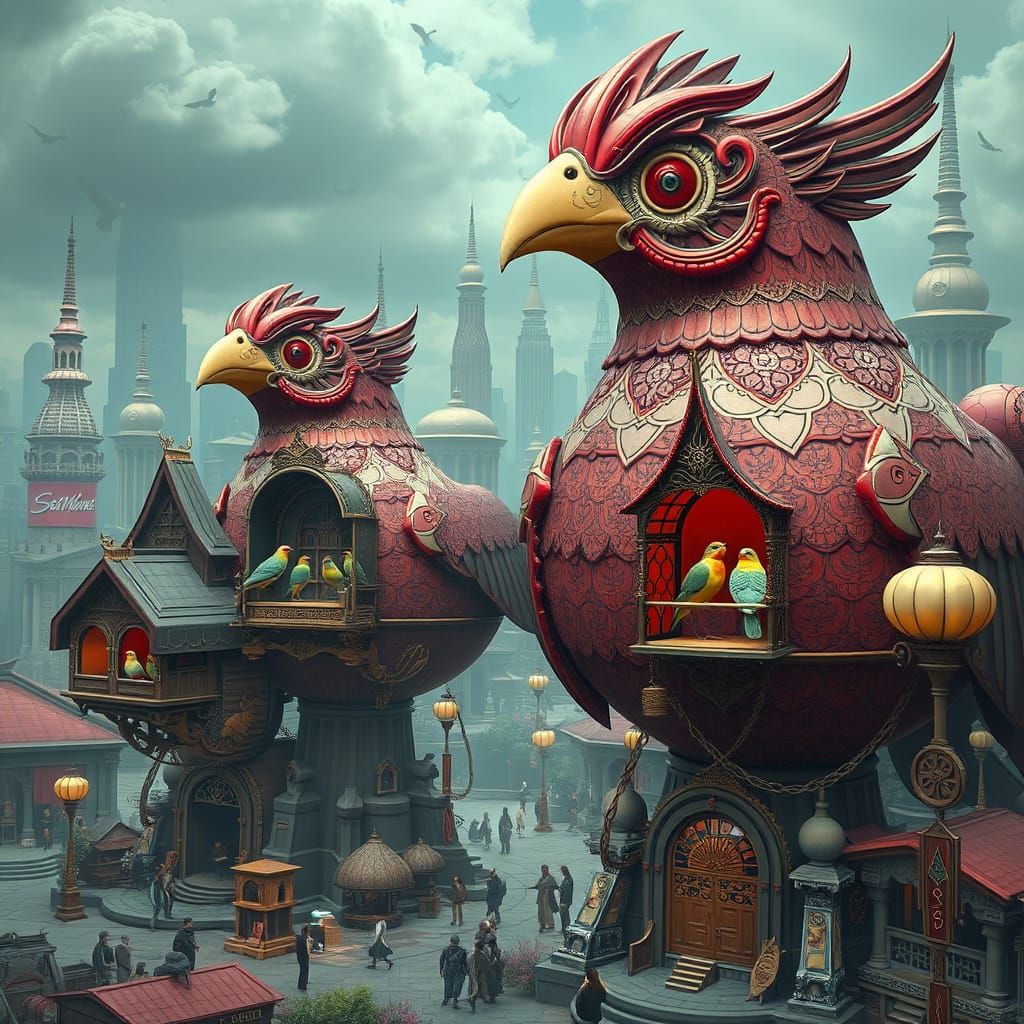 Futuristic Bird Marketplace with Ornate Birdhouses