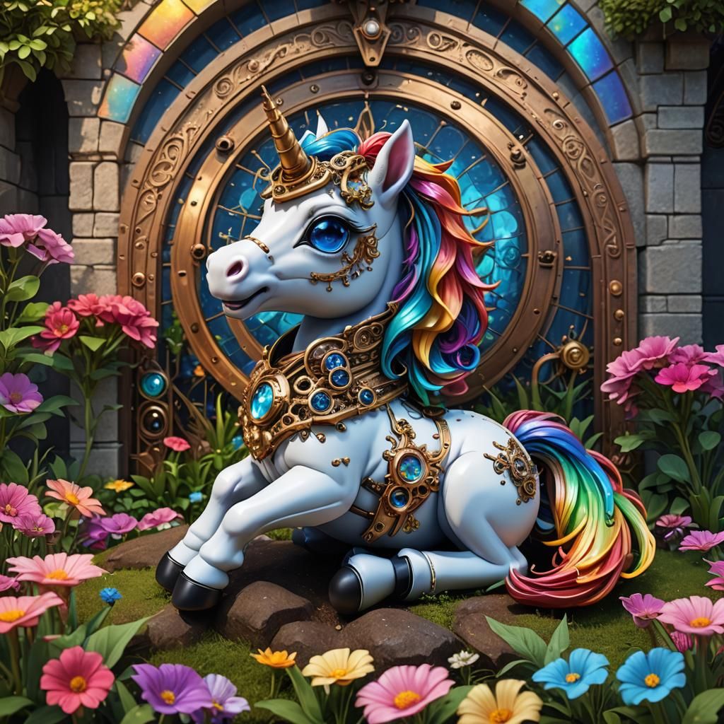 Steampunk Rainbow Unicorn in Chibi Style