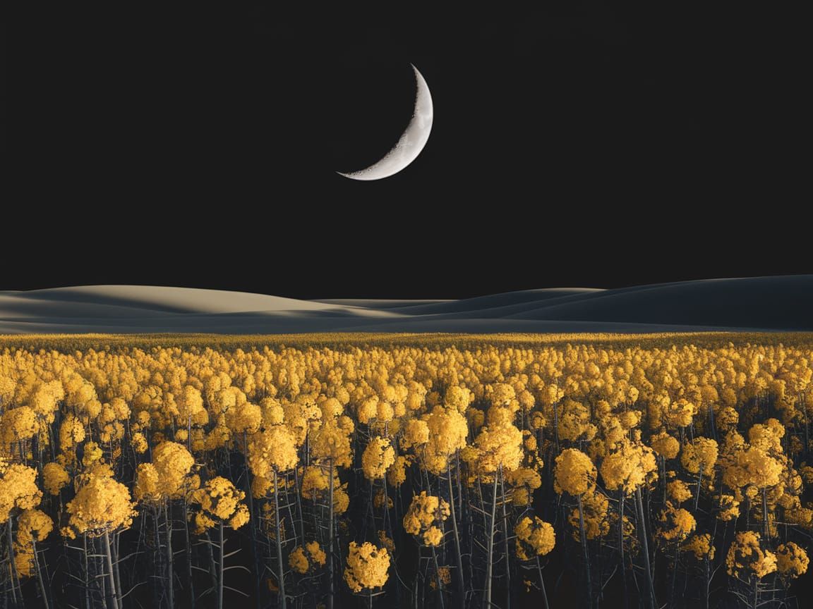 Vibrant Yellow Flower Field Under Crescent Moon
